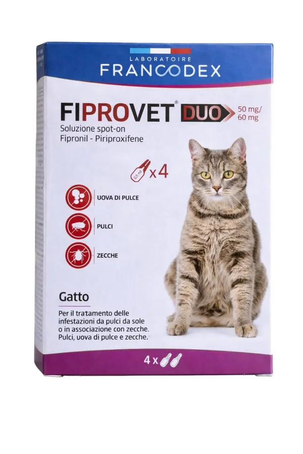 Fiprovet Duo Antiparassitario Spot-On per Gatti – 4 Pipette da 50 mg contro Pulci e Zecche