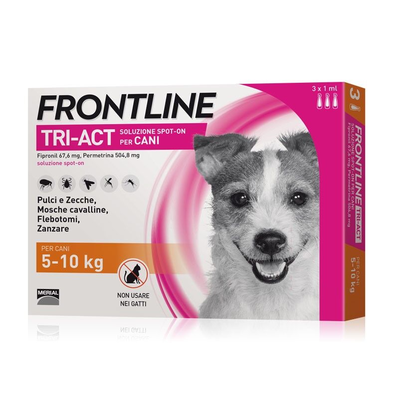 Frontline Tri-Act Antiparassitario Spot-On per Cani 5-10 kg – 6 Pipette da 1,0 ml contro Pulci, Zecche, Pappataci e Zanzare
