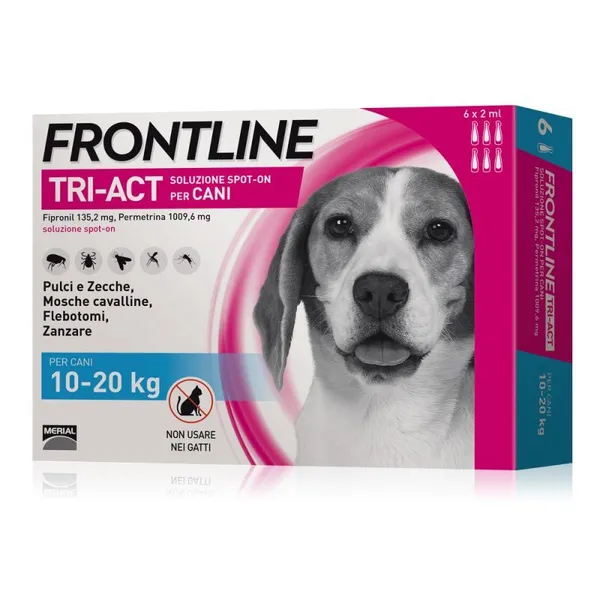 Frontline Tri-Act Antiparassitario Spot-On per Cani 10-20 kg – 6 Pipette da 2,0 ml contro Pulci, Zecche, Pappataci e Zanzare