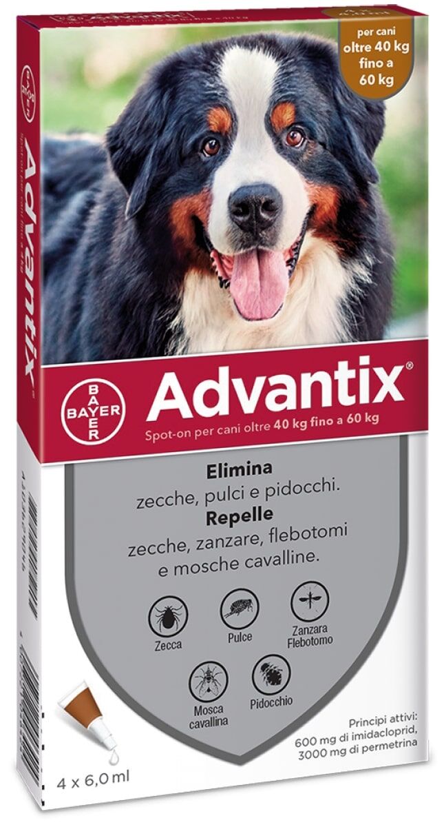 Advantix Antiparassitario Spot-On per Cani 40-60 kg – 4 Pipette da 6,0 ml contro Pulci, Zecche, Pappataci e Zanzare