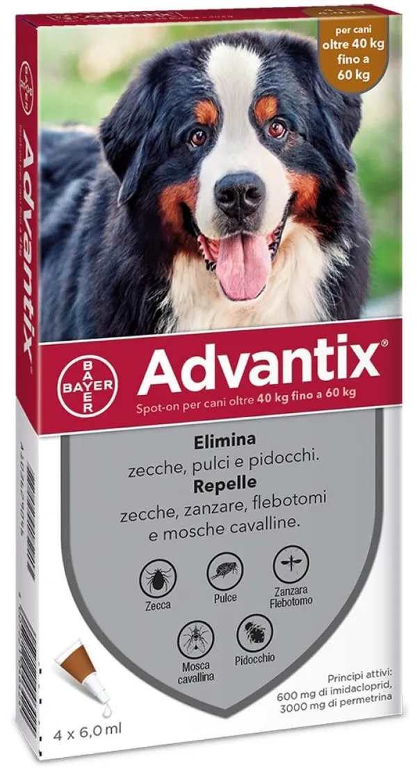 Advantix Antiparassitario Spot-On per Cani 40-60 kg – 4 Pipette da 6,0 ml contro Pulci, Zecche, Pappataci e Zanzare