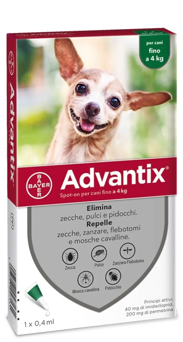 Advantix Antiparassitario Spot-On per Cani 0-4 kg – 6 Pipette da 0,4 ml contro Pulci, Zecche e Pappataci