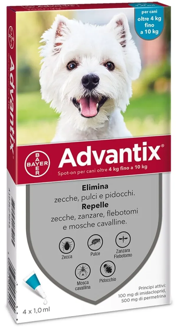 Advantix Antiparassitario Spot-On per Cani 4-10 kg – 6 Pipette da 1,0 ml contro Pulci, Zecche e Pappataci