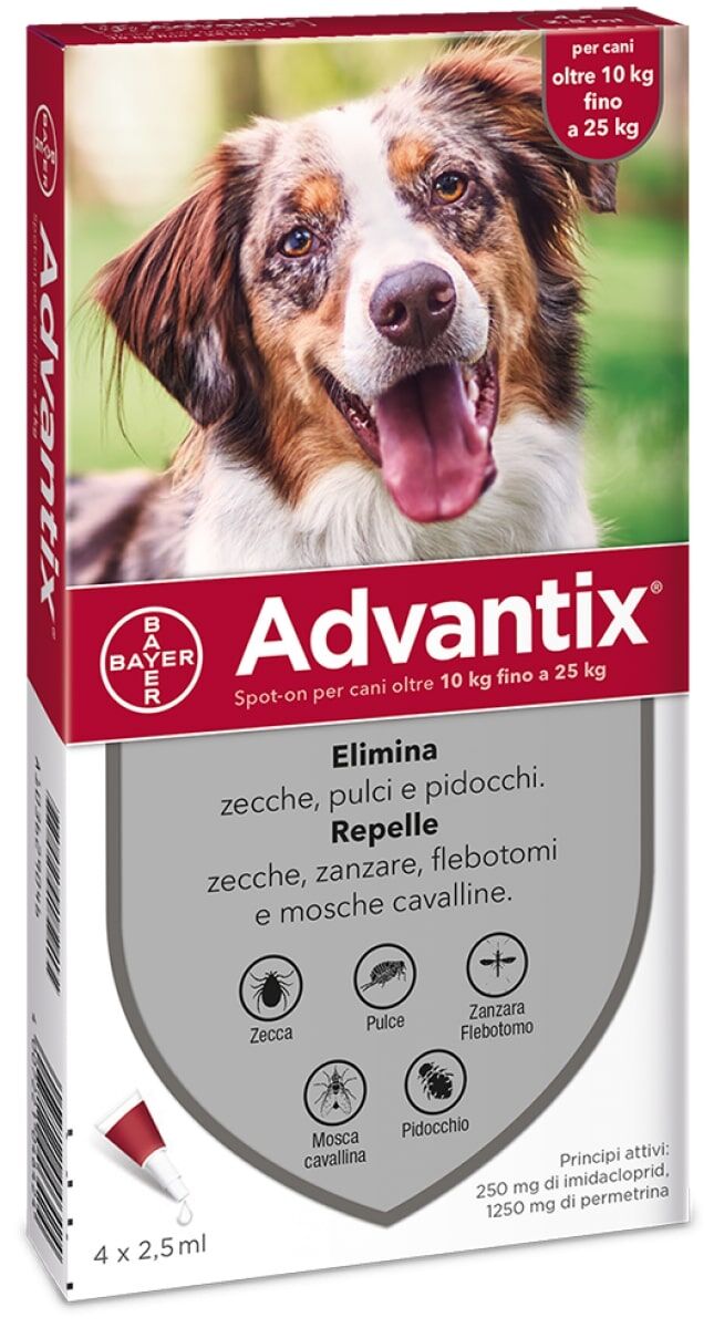 Advantix Antiparassitario Spot-On per Cani 10-25 kg – 6 Pipette da 2,5 ml contro Pulci, Zecche e Pappataci