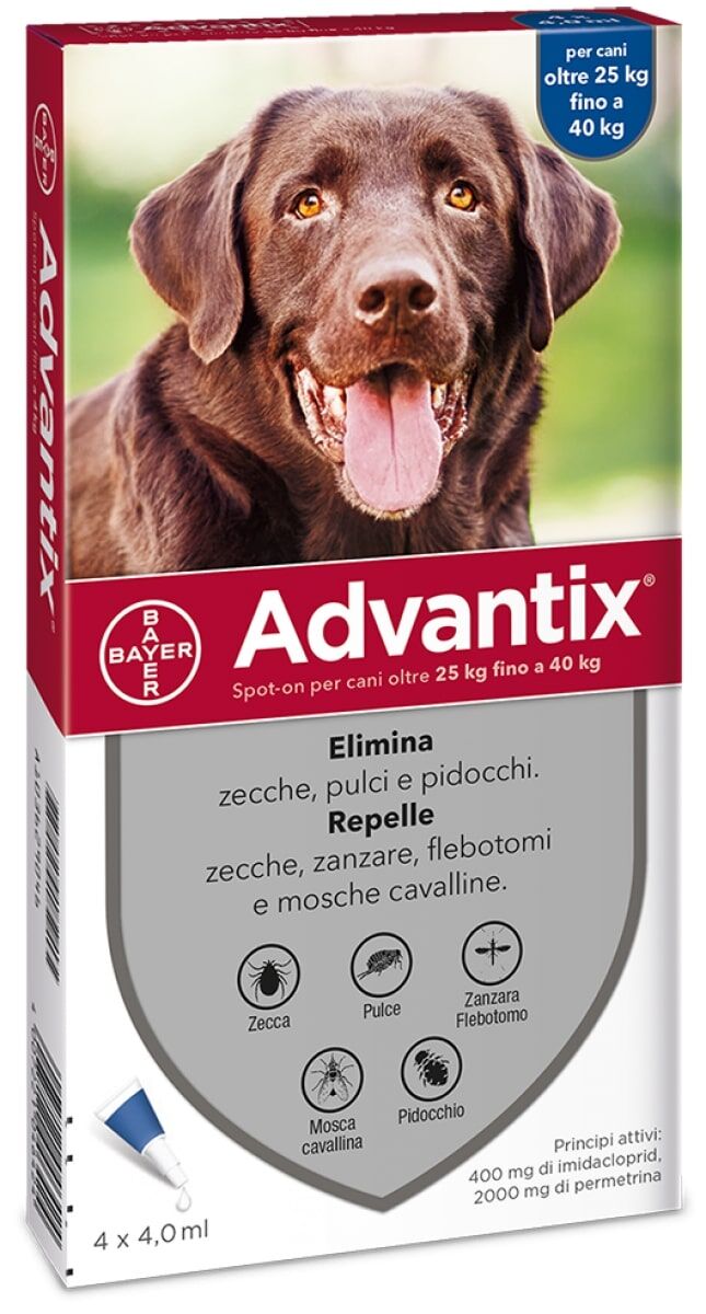 Advantix Antiparassitario Spot-On per Cani 25-40 kg – 6 Pipette da 4,0 ml contro Pulci, Zecche e Pappataci