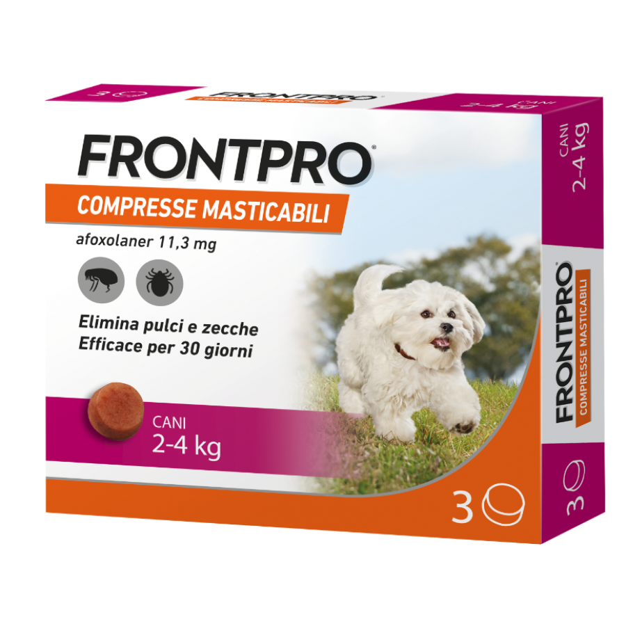 Frontpro Antiparassitario per Cani da 2 a 4 kg – 3 Compresse Masticabili contro Pulci e Zecche