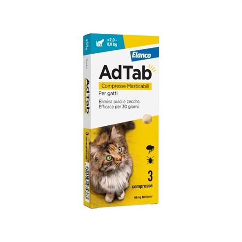Elanco AdTab Antiparassitario per Gatti 2-8 kg – 3 Compresse Masticabili contro Pulci e Zecche