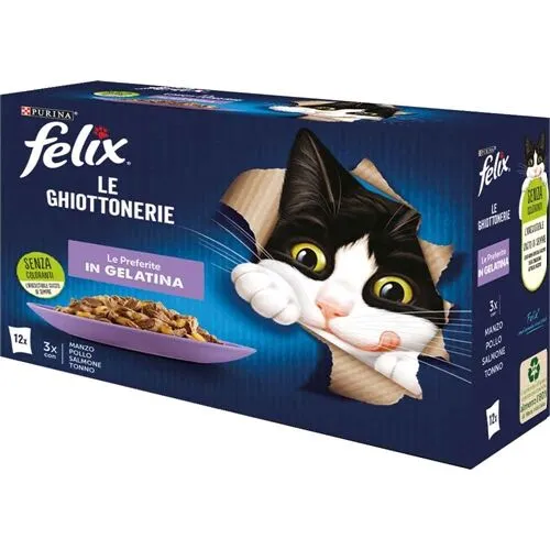 Felix Le Ghiottonerie Le Preferite Multipack 12×85 g – Alimento Umido Completo per Gatti Adulti