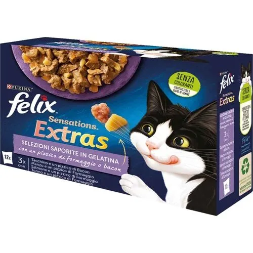 Felix Sensations Extras Selezioni Saporite Multipack 12×85 g – Alimento Umido Completo per Gatti Adulti