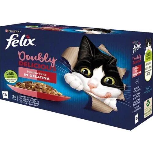Felix Doubly Delicious Selezioni Miste Multipack 12×85 g – Alimento Umido Completo per Gatti Adulti