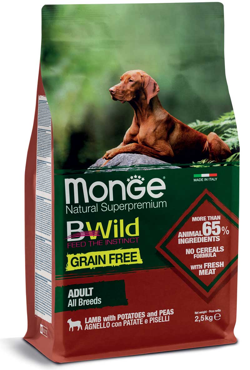 Monge BWild Grain Free Adult All Breeds Agnello, Patate e Piselli 2,5kg
