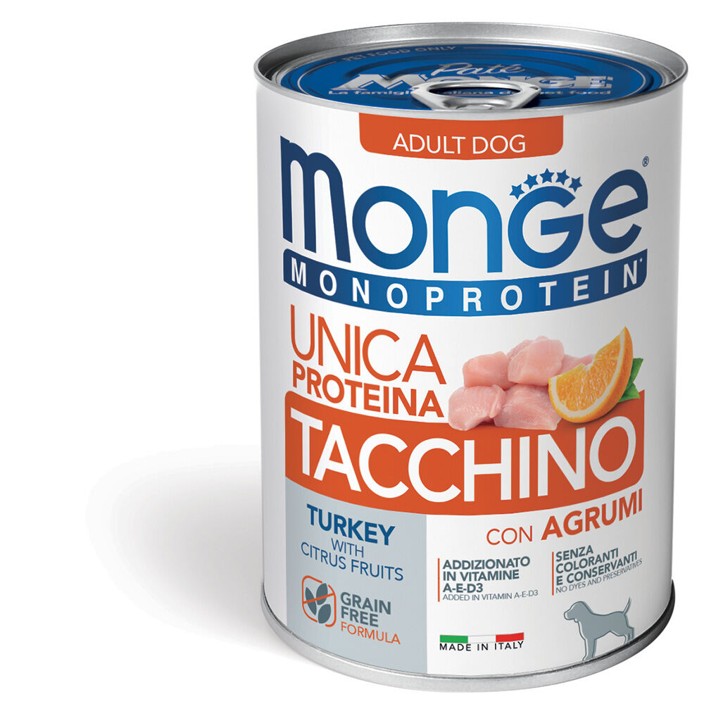 Monge Monoproteico Paté 400g – Alimento Umido Monoproteico per Cani Adulti Solo Tacchino con Agrumi - Adult