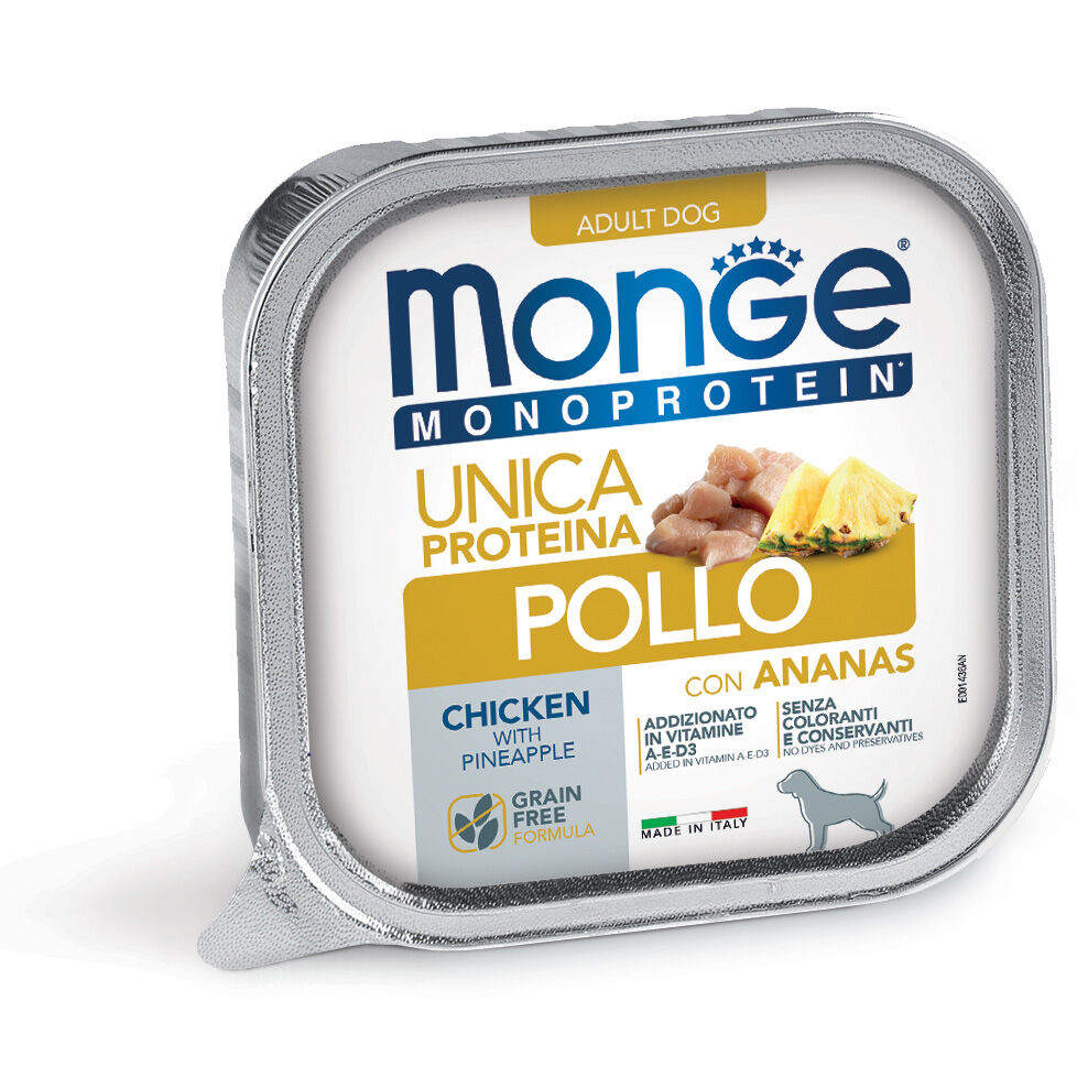 Monge Monoproteico Paté 150g – Alimento Umido Monoproteico in Vaschetta per Cani Adulti Pollo e Ananas