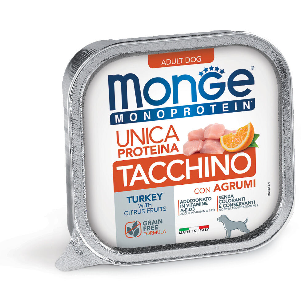 Monge Monoproteico Paté 150g – Alimento Umido Monoproteico in Vaschetta per Cani Adulti Tacchino e Agrumi