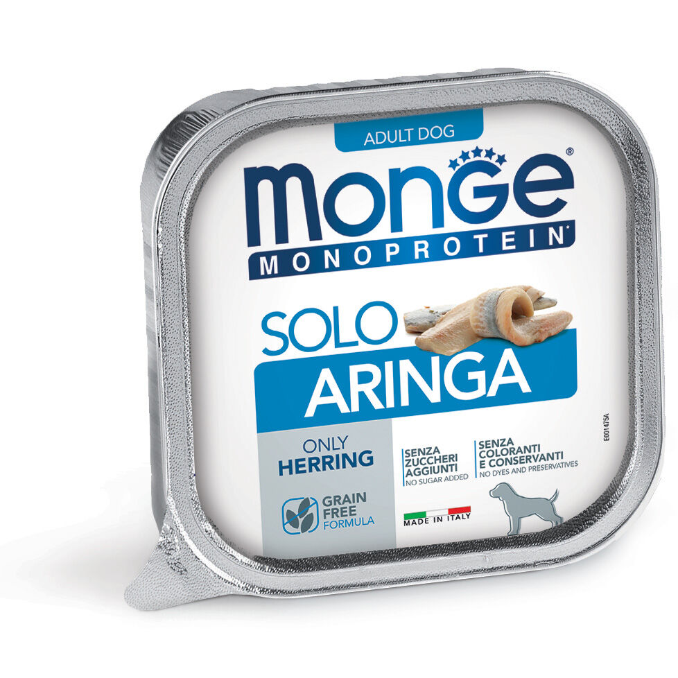 Monge Monoproteico Paté 150g – Alimento Umido Monoproteico in Vaschetta per Cani Adulti Solo Aringa