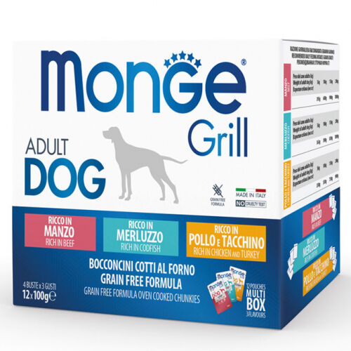 Monge Multipack Grill - Manzo, Pollo e Tacchino e Merluzzo 12x100g