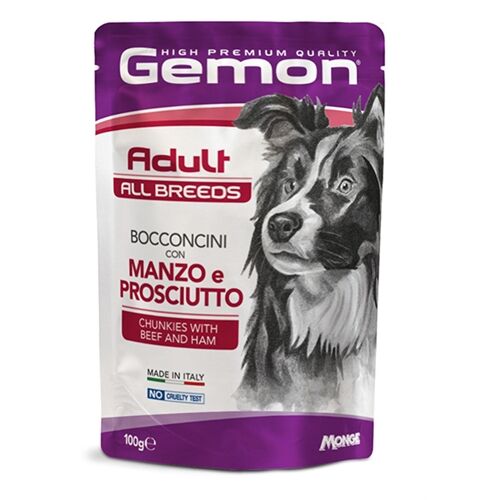 Gemon All Breeds Bocconcini in Salsa per Cani Adulti 100g – Alimento Umido Completo Manzo e Prosciutto-Adult