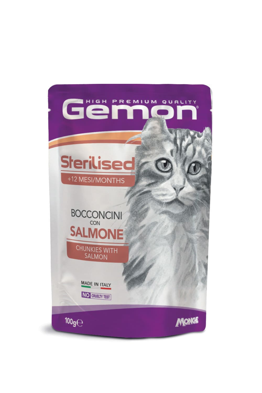 Gemon Bocconcini Alimento Umido per Gatti 100g – Bocconi in Salsa Completi e Gustosi Salmone - Sterilised