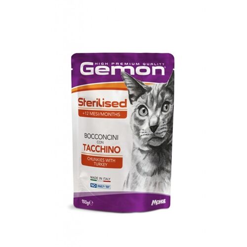 Gemon Bocconcini Alimento Umido per Gatti 100g – Bocconi in Salsa Completi e Gustosi Tacchino-Sterilised