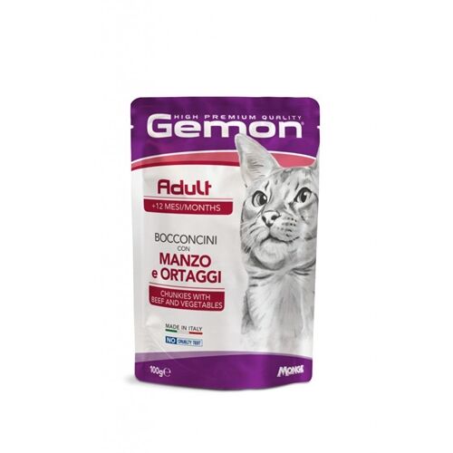 Gemon Bocconcini Alimento Umido per Gatti 100g – Bocconi in Salsa Completi e Gustosi Manzo e Ortaggi-Adult