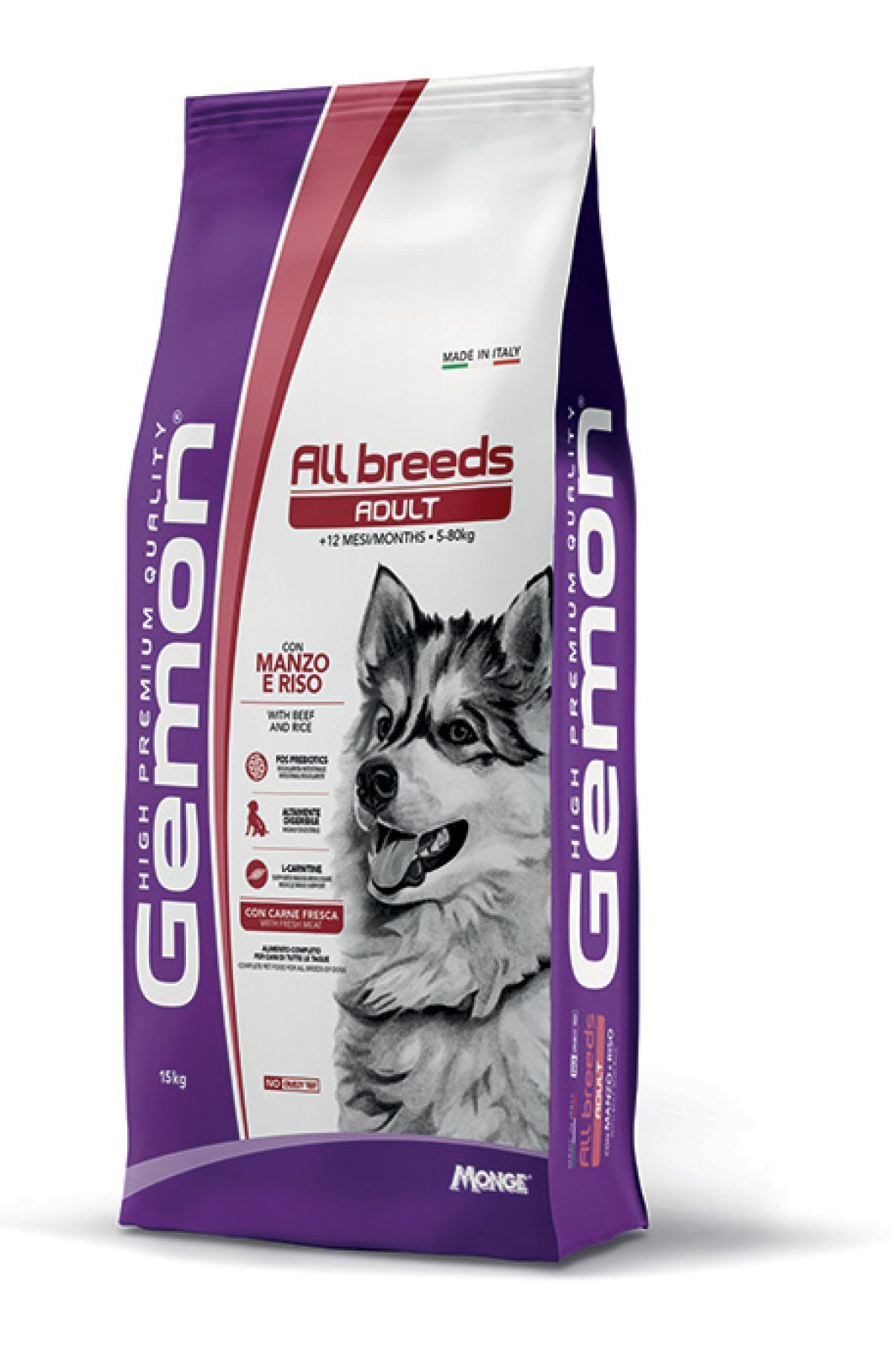 Gemon Medium Adult Crocchette per Cani Adulti di Taglia Media con Manzo e Riso 15kg