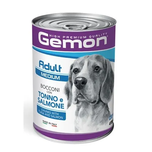 Gemon Medium Adult Bocconi con Tonno e Salmone per Cani Adulti di Taglia Media – Alimento Umido Completo