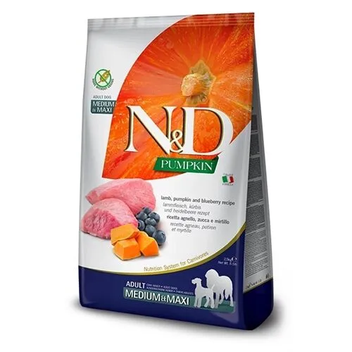 N&D Pumpkin Adult Medium/Maxi Agnello, Zucca e Mirtilli – Crocchette Grain Free per Cani Adulti di Taglia Media e Grande