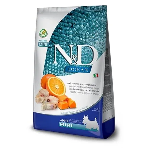 N&D Ocean Adult Mini Merluzzo, Zucca e Arancia – Crocchette Grain Free per Cani Adulti di Piccola Taglia