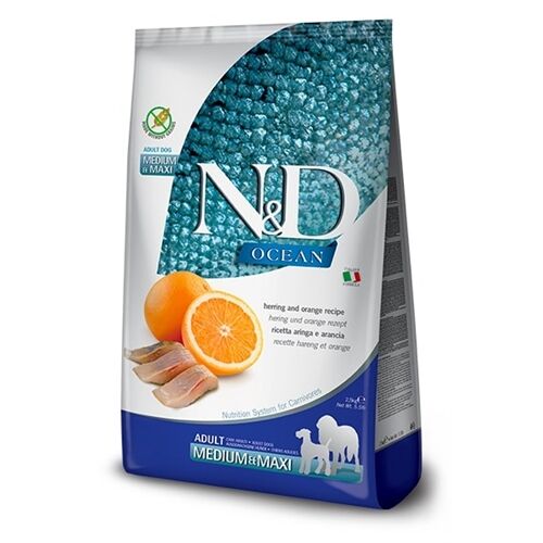 N&D Ocean Adult Medium/Maxi Aringa e Arancia 2,5 Kg – Crocchette Grain Free per Cani Adulti di Taglia Media e Grande