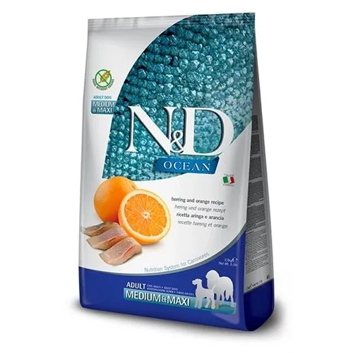 N&D Ocean Adult Medium/Maxi Aringa e Arancia 2,5 Kg – Crocchette Grain Free per Cani Adulti di Taglia Media e Grande