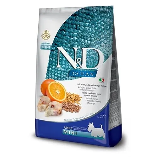 N&D Ocean Adult Mini Merluzzo, Farro, Avena e Arancia – Crocchette per Cani Adulti di Piccola Taglia