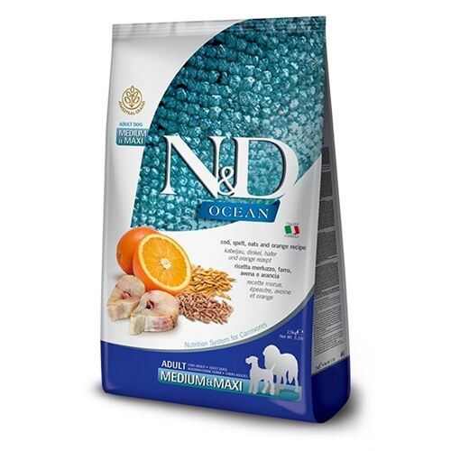 N&D Ocean Adult Medium/Maxi Merluzzo, Farro, Avena e Arancia 12kg