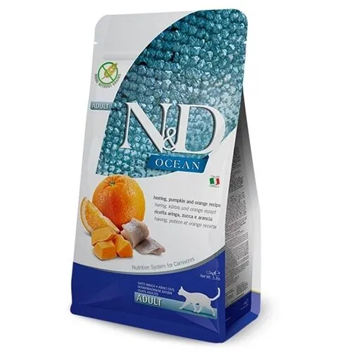 N&D Ocean Adult Aringa, Zucca e Arancia – Crocchette Grain Free per Gatti Adulti.