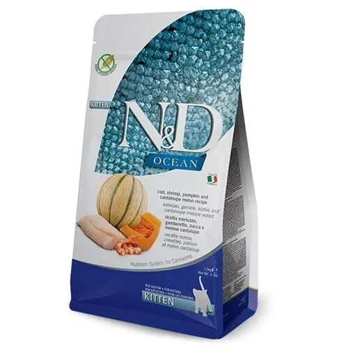 N&D Ocean Kitten Merluzzo, Gamberetto, Zucca e Melone – Crocchette Grain Free per Gattini