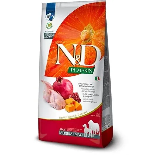 N&D Pumpkin Adult Medium/Maxi Quaglia, Zucca e Melograno 12 Kg – Crocchette Grain Free per Cani Adulti