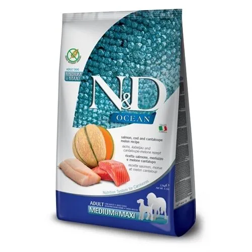 N&D Ocean Adult Medium/Maxi Salmone, Merluzzo e Melone – Crocchette Grain Free per Cani Adulti di Taglia Media e Grande