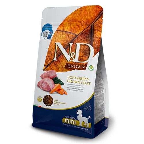 N&D Brown Adult Mini Agnello, Spirulina e Carote 2 Kg – Crocchette per Cani Adulti di Piccola Taglia e Manto Scuro