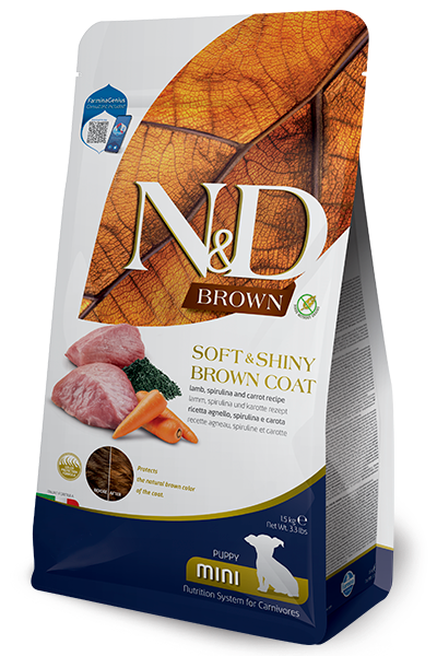 N&D Brown Puppy Mini Agnello, Spirulina e Carote 1,5 Kg – Crocchette per Cuccioli di Piccola Taglia e Manto Scuro