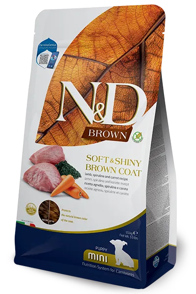 N&D Brown Puppy Mini Agnello, Spirulina e Carote 1,5 Kg – Crocchette per Cuccioli di Piccola Taglia e Manto Scuro