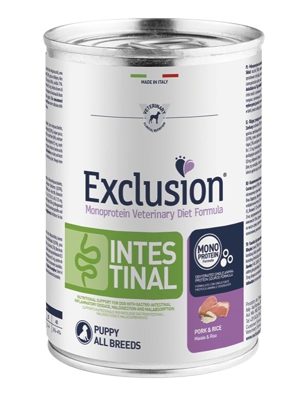 Exclusion Monoprotein Veterinary Diet Dog Intestinal Puppy Maiale e Riso 400g – Alimento Umido Dietetico Completo per Cuccioli con Disturbi Gastrointestinali