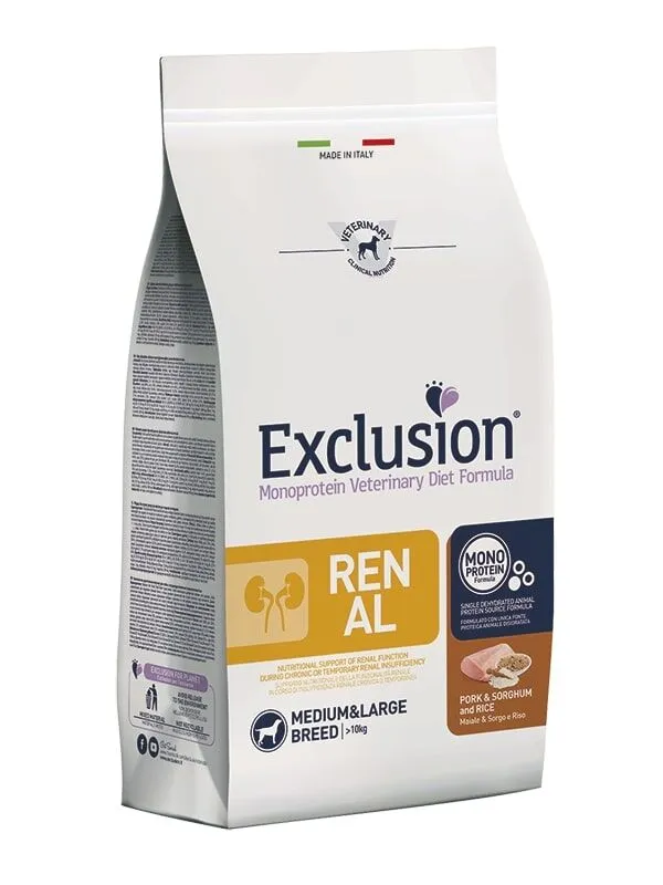 Exclusion Monoprotein Veterinary Diet Medium & Large Renal Maiale, Sorgo e Riso – Alimento Dietetico Completo per Cani Adulti di Taglia Media e Grande con Insufficienza Renale