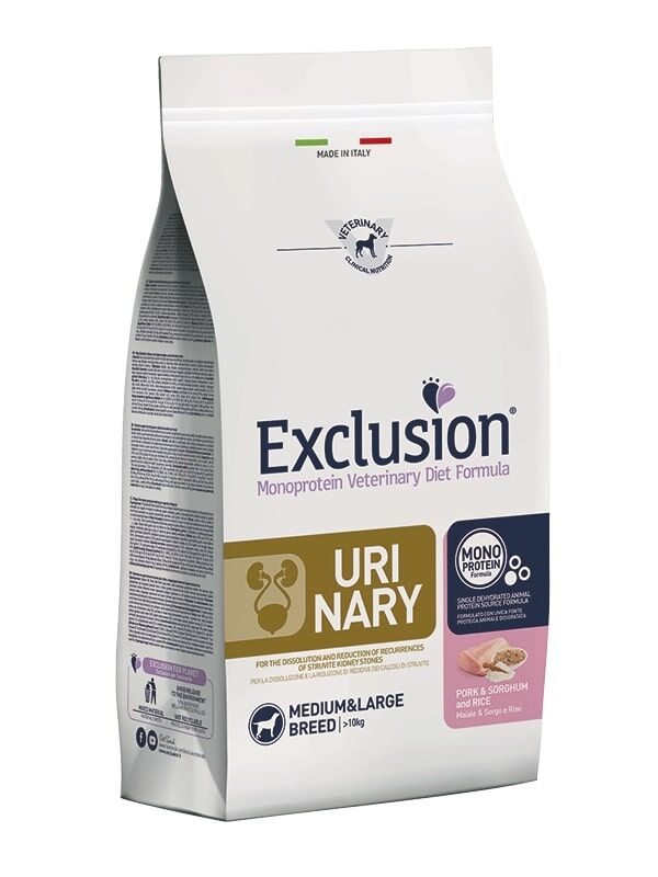 Exclusion Monoprotein Veterinary Diet Medium & Large Urinary Maiale, Sorgo e Riso – Alimento Dietetico Completo per Cani Adulti di Taglia Media e Grande con Disturbi delle Vie Urinarie 2kg