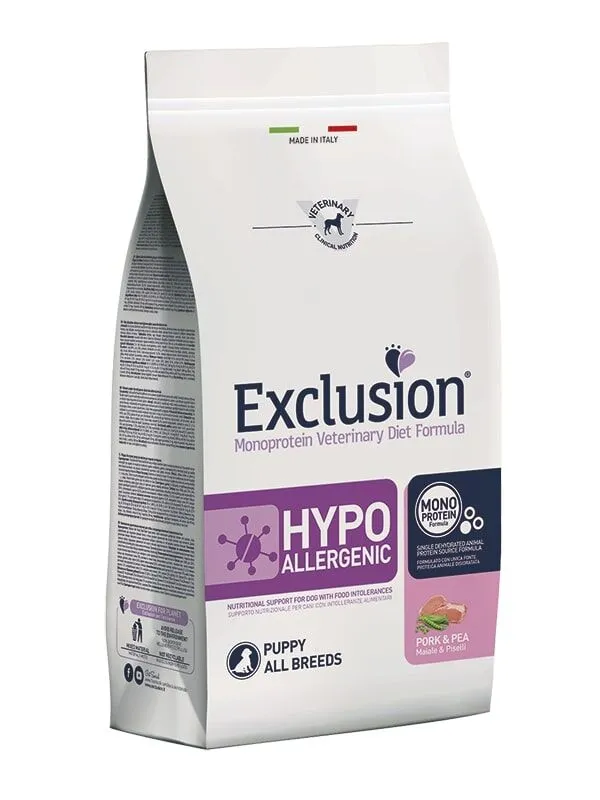 Exclusion Monoprotein Veterinary Diet Hypoallergenic Puppy All Breeds Maiale e Piselli – Alimento Dietetico Completo per Cuccioli con Intolleranze Alimentari