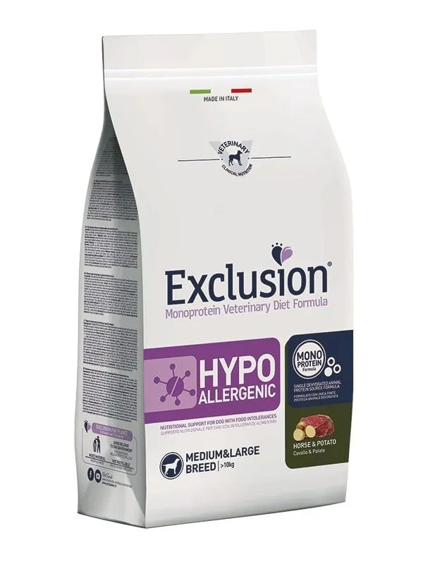 Exclusion Monoprotein Veterinary Diet Dog Medium&Large Hypoallergenic Cavallo e Patate 12Kg – Crocchette Dietetiche Complete per Cani Adulti di Taglia Media e Grande con Intolleranze Alimentari