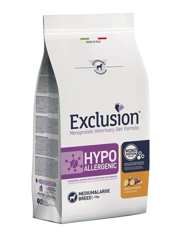 Exclusion Monoprotein Veterinary Diet Dog Medium&Large Hypoallergenic Anatra e Patate 12Kg – Crocchette Dietetiche Complete per Cani Adulti di Taglia Media e Grande con Intolleranze Alimentari