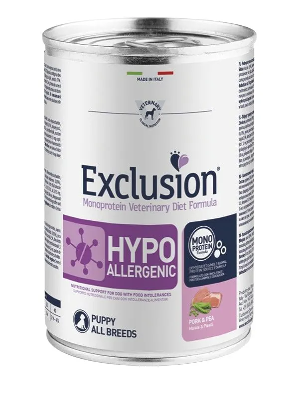 Exclusion Monoprotein Veterinary Diet Dog Hypoallergenic Puppy All Breeds Maiale e Piselli 400g – Alimento Umido Dietetico Completo per Cuccioli con Intolleranze Alimentari