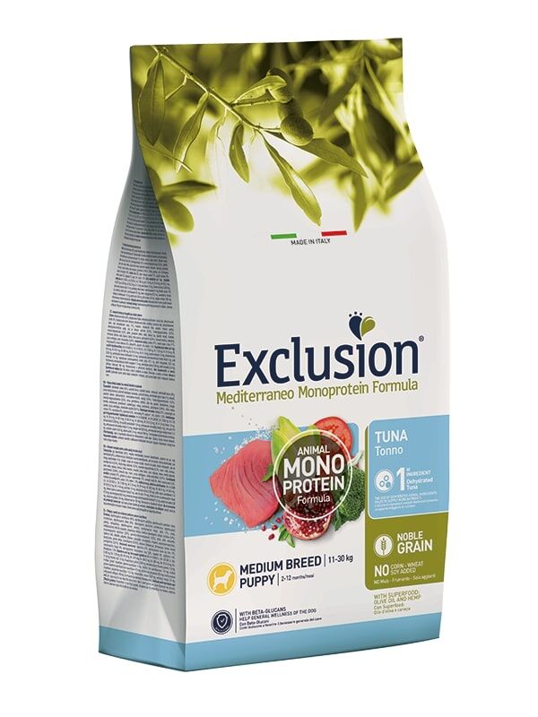 Exclusion Mediterraneo Monoprotein Noble Grain Medium Breed Puppy Tonno – Crocchette Complete per Cuccioli di Taglia Media 12kg