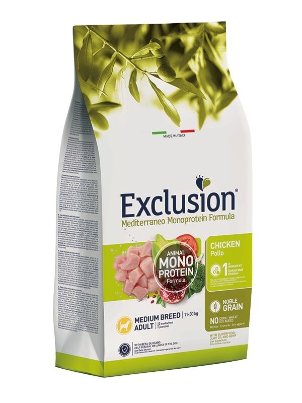 Exclusion Mediterraneo Monoprotein Noble Grain Medium Breed Adult Pollo – Crocchette Complete per Cani Adulti di Taglia Media 12kg