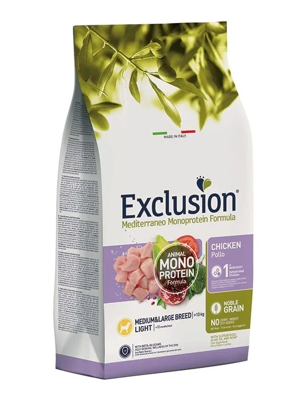 Exclusion Mediterraneo Monoprotein Medium/Large Breed Light Pollo – Crocchette Light per Cani Adulti di Taglia Media e Grande