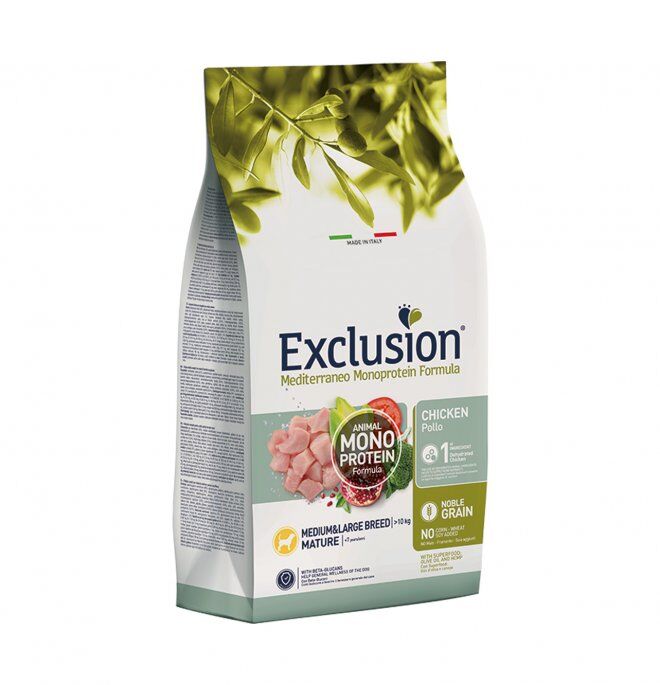 Exclusion Mediterraneo Monoprotein Noble Grain Medium/Large Breed Adult Mature Pollo – Crocchette Complete per Cani Maturi di Taglia Media e Grande 12kg